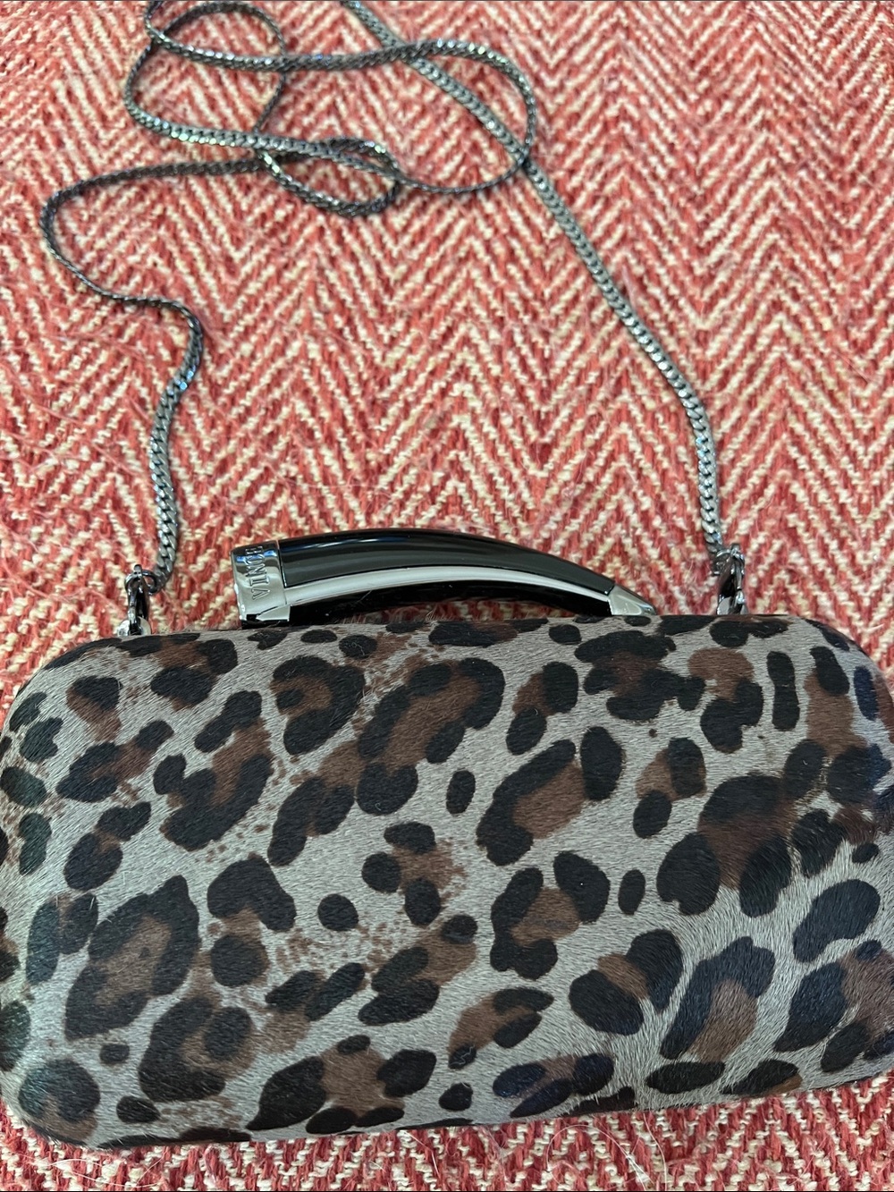 Vince Camuto Leopard Print Clutch in Gray and Brown with Silver Chain
